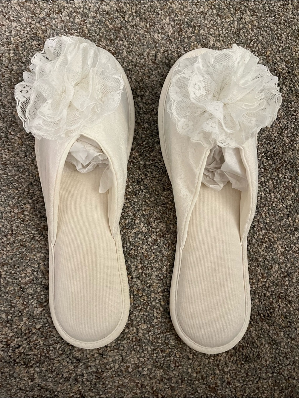 Vintage Glamour Skuffs by Madye’s white silky/lacy slippers